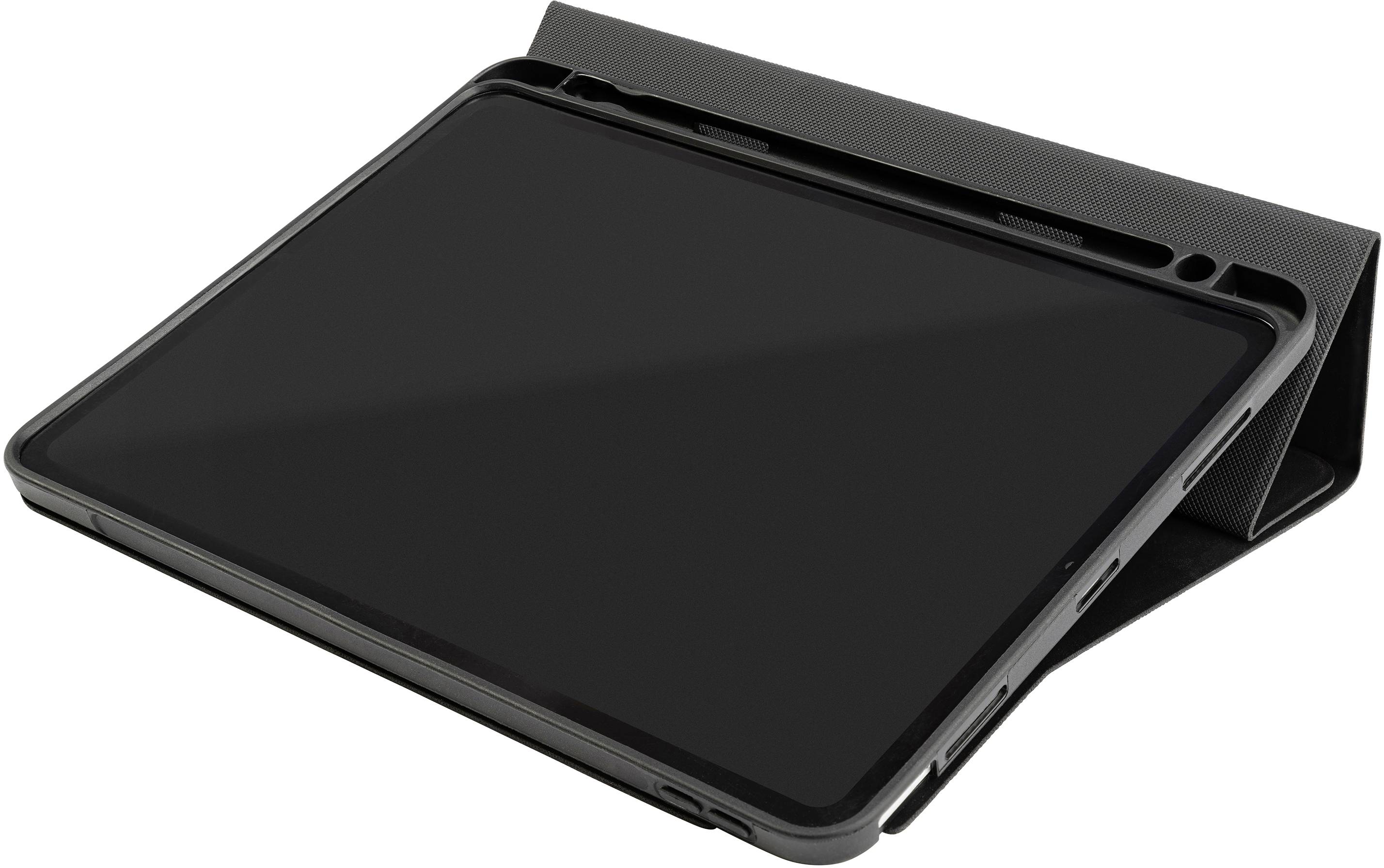 A black tablet in a protective case stands in landscape orientation on a flat surface.