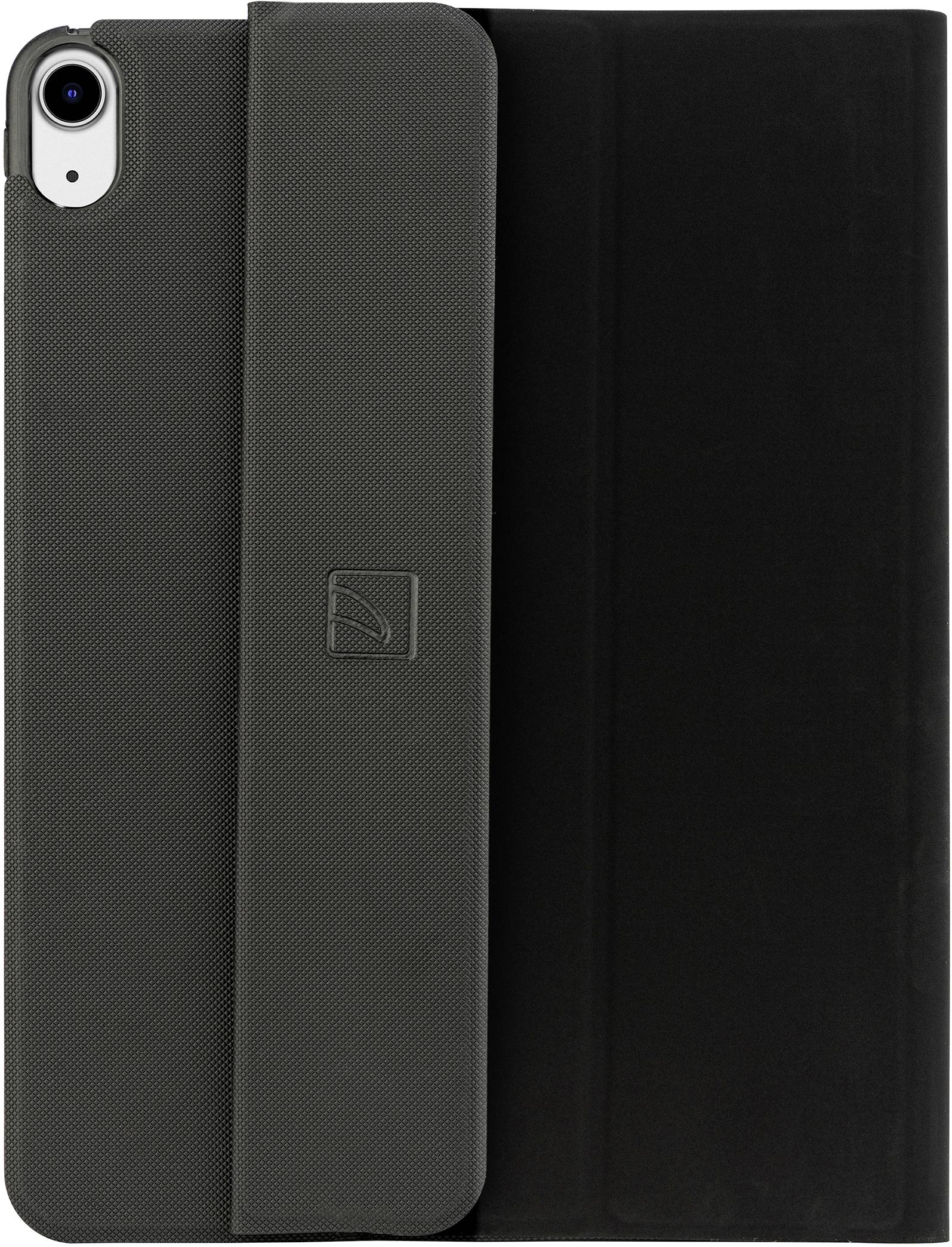 Black, structured tablet case, closed, with camera cutout in the top left and embossed logo in the centre.