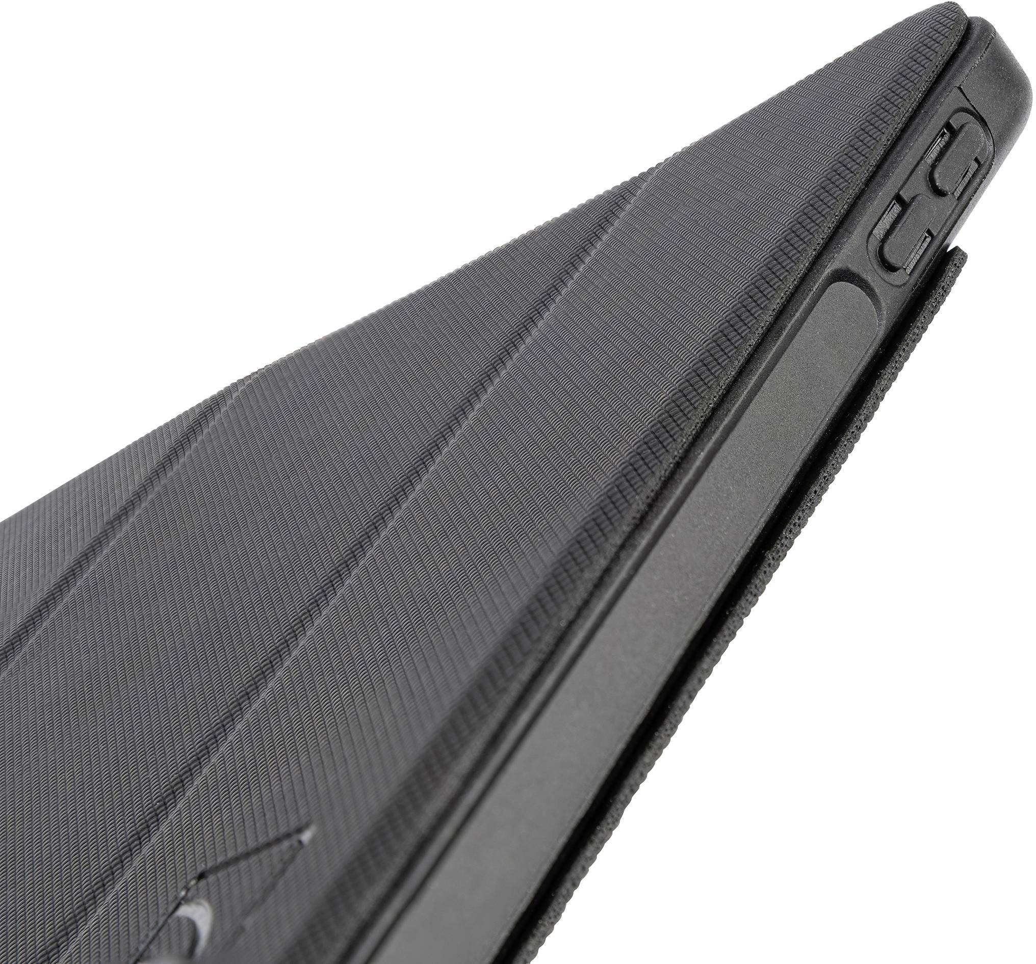 A black tablet case, closed and photographed at an angle, shows the side view with visible buttons.