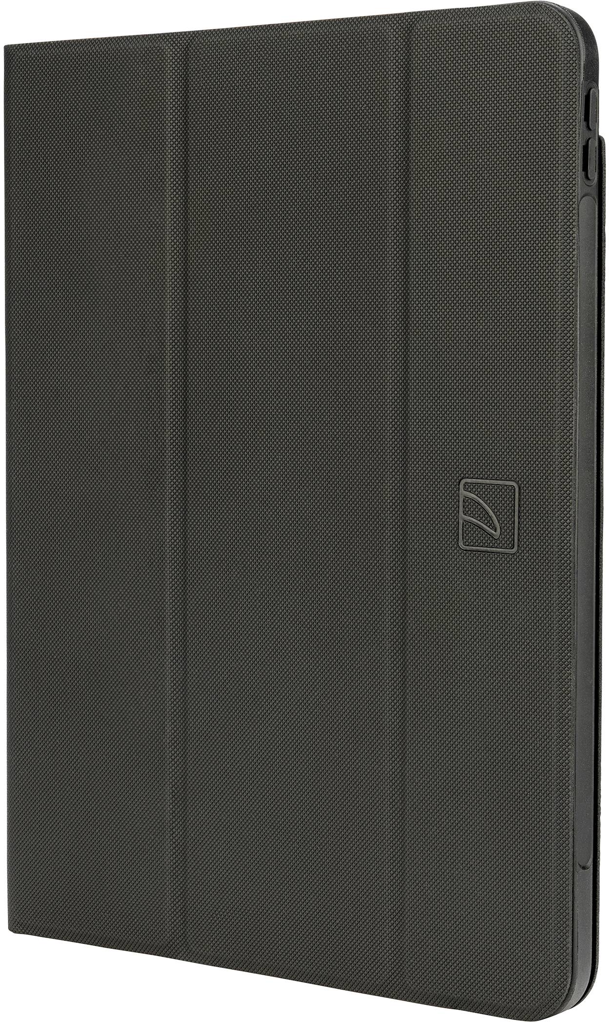 Black tablet case with logo on the front, in closed position. Protects the device and offers stand functionality.