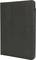 Black tablet case with logo on the front, in closed position. Protects the device and offers stand functionality.