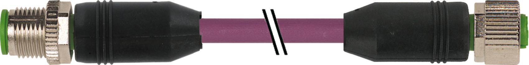 A two-core cable with metal plugs at both ends. One plug has a greenish ring, the other a copper-coloured ring.