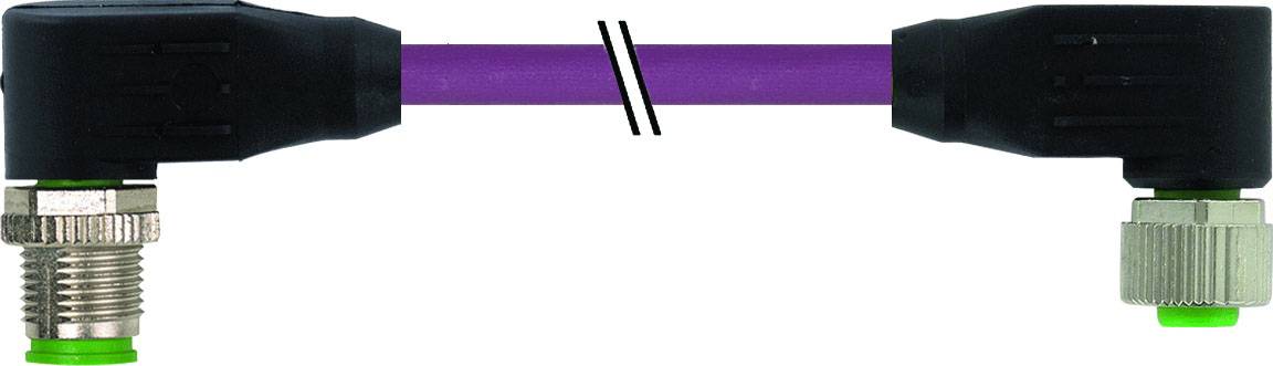 A purple cable with two black, right-angled connectors at each end, each with a green ring and silver metal pieces.