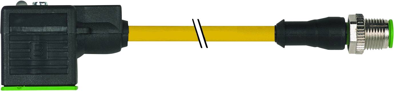Black, rectangular electrical socket housing connected to a yellow cable. On the right, a cylindrical metal plug with a green ring.
