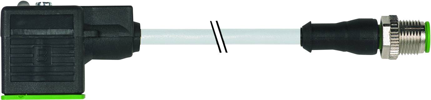 Industrial connector with a black angled plug on the left and a round metal plug on the right, connected by a white cable.