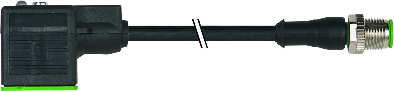 Black electric cable with green-marked plug connectors at both ends, suitable for industrial applications.