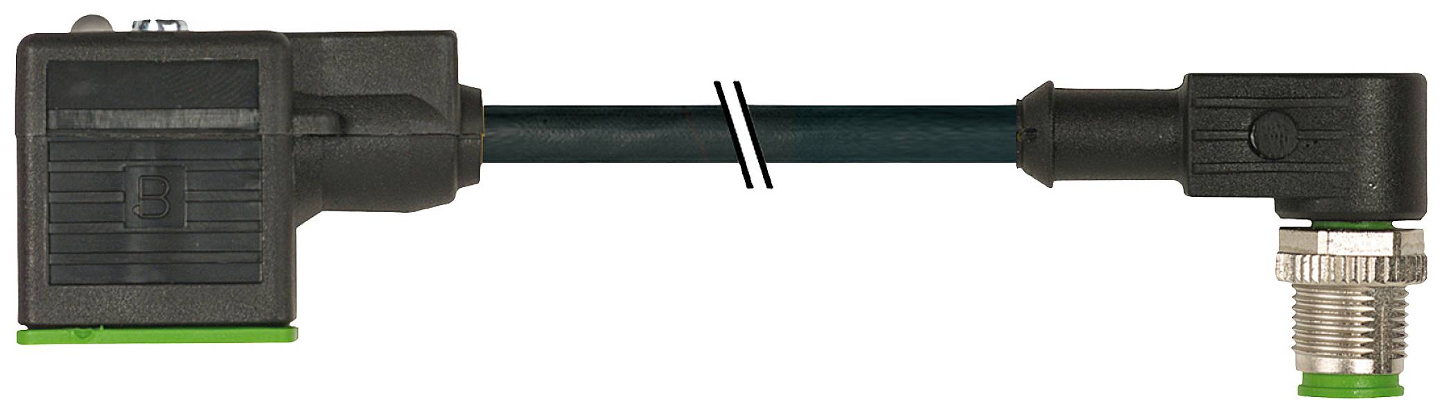 A black angled plug with a green end and a metal threaded connection, joined by a short cable section.