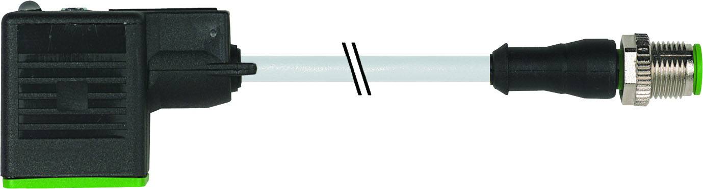 Cable assembly with rectangular plug and round screw connection, suitable for electrical connections.