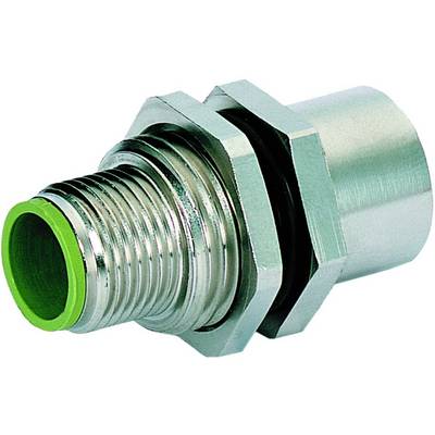 A metallic pipe coupling with a green sealing ring, suitable for pneumatic or hydraulic systems.