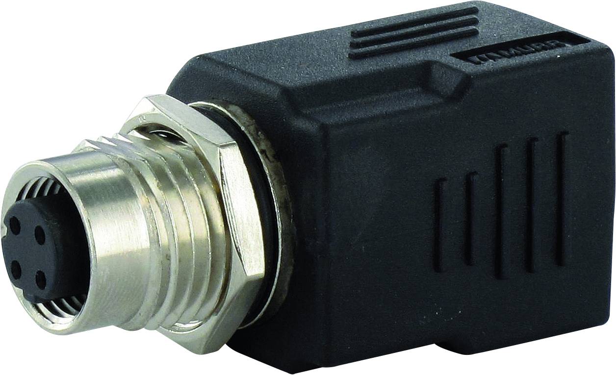 Black M12 plug with metal thread and four contacts, suitable for robust industrial applications and sensor connections.