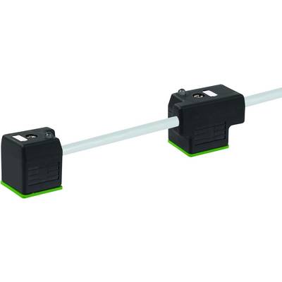 Two black clips hold a white cable, secured on green bases.