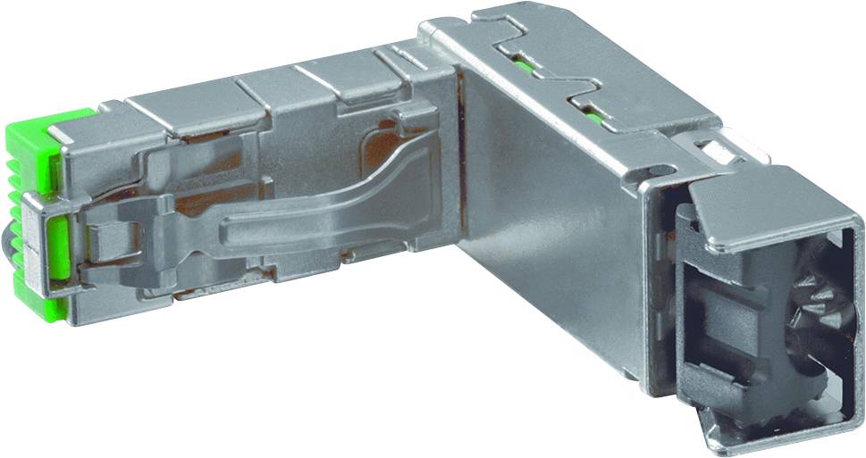 An L-shaped metal connector with a green end, possibly an electrical or electronic plug connector.