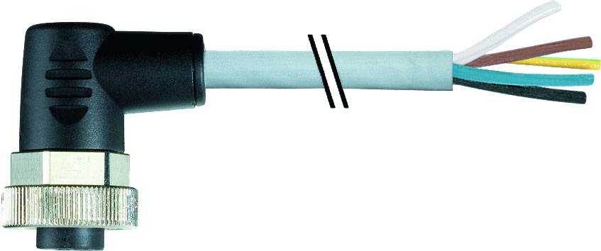 An angled connector with exposed, differently coloured cable ends, suitable for electrical connections.
