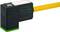 A black sensor with a green base and yellow cable, rectangular in shape, suitable for industrial applications for object detection.