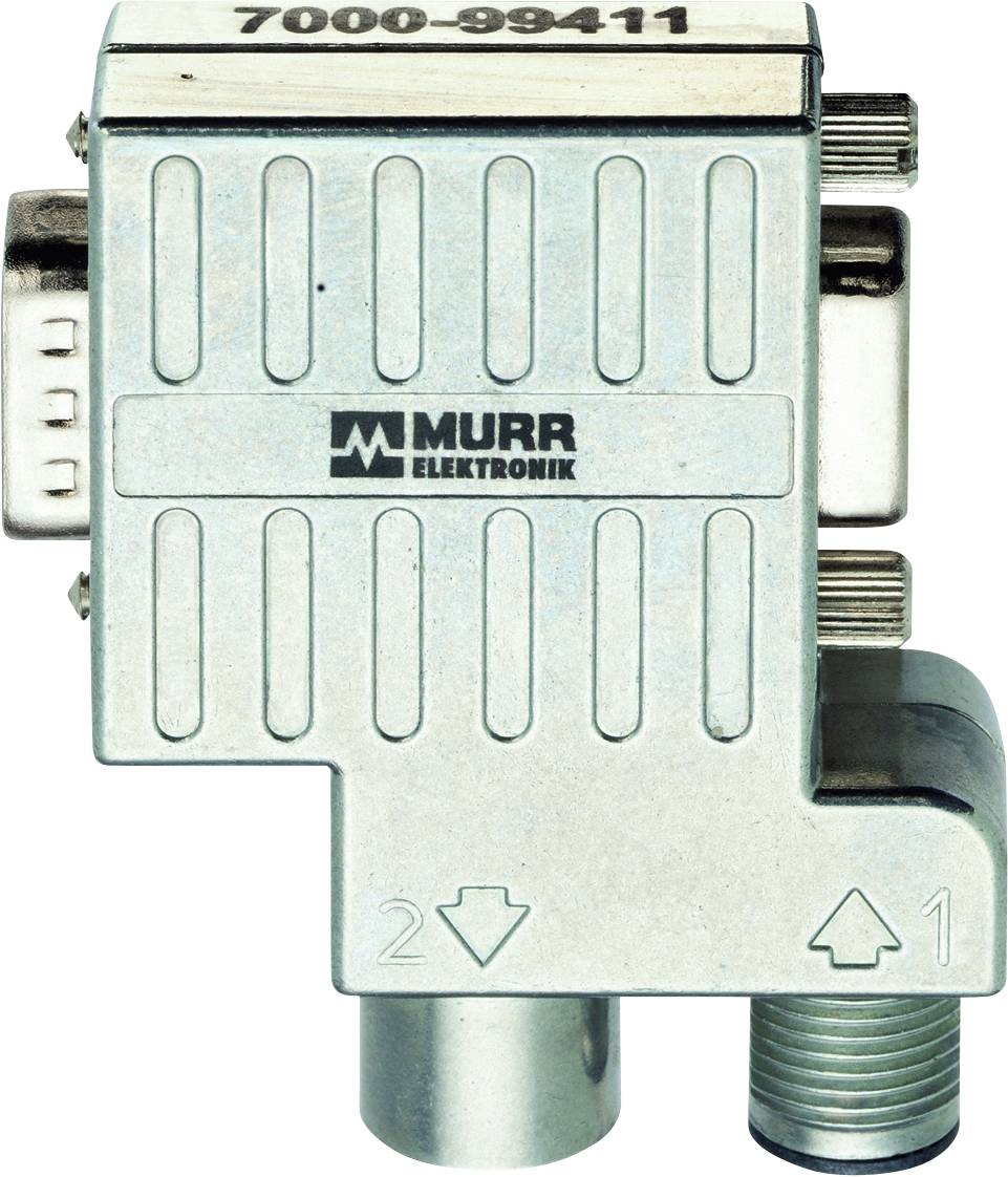 A metal plug from the brand Murr Elektronik with the inscription '7000-99411'. The plug has two arrow symbols (up and down).