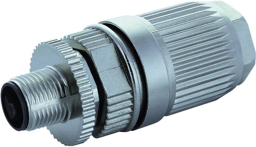 A metallic, ribbed connector with threaded screw, suitable for industrial applications and robust connections.