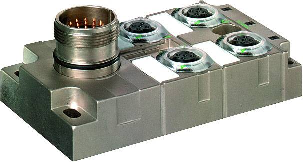 An electronic module with a metal casing and several round connectors on top, demonstrating industrial application possibilities.