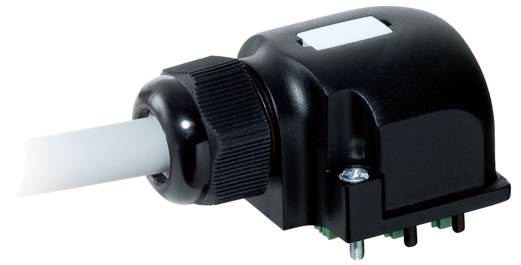 Black, rectangular electrical component with cable connection on the left side. Device has screw mounting.