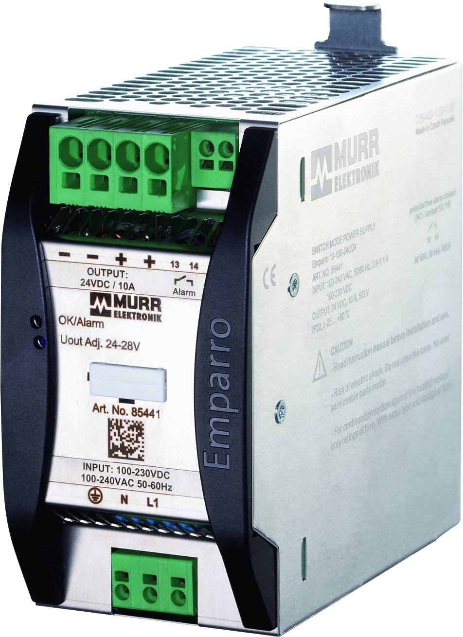 A silver-coloured power supply unit from the brand Murrelektronik with green connection terminals, performance data and company logo printed on it.