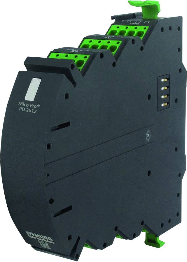 A black, slim electrical device with green connectors on the top surface. Logo and model number on the front.