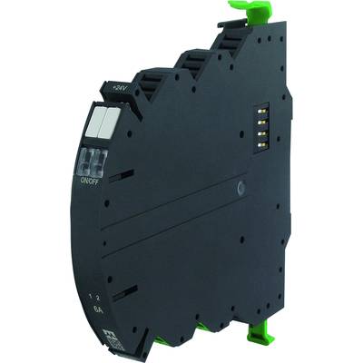 An electronic relay module with a slim, black housing. It has two white buttons on the side, labelled 'ON/OFF', and connections on the top.