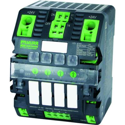 An electrical control unit with a green-black housing, multiple connectors, switches on the front panel, and LED indicators.