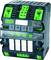 An electrical control unit with a green-black housing, multiple connectors, switches on the front panel, and LED indicators.