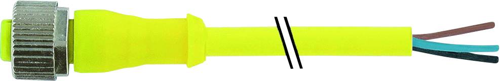 Yellow, stripped electrical connection with three exposed wires in brown, blue, and green.