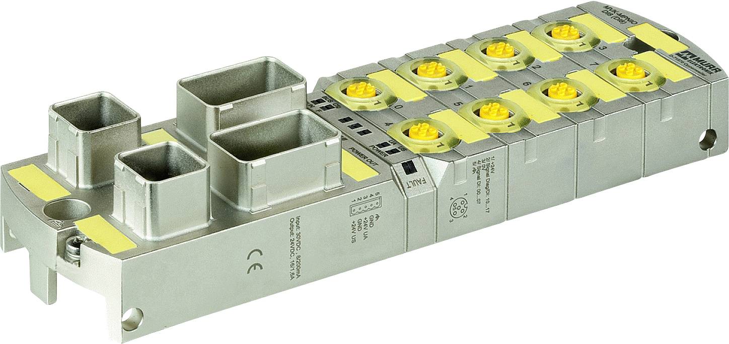 Metallic electronic module with multiple yellow connectors and rectangular openings. Used in industrial applications.