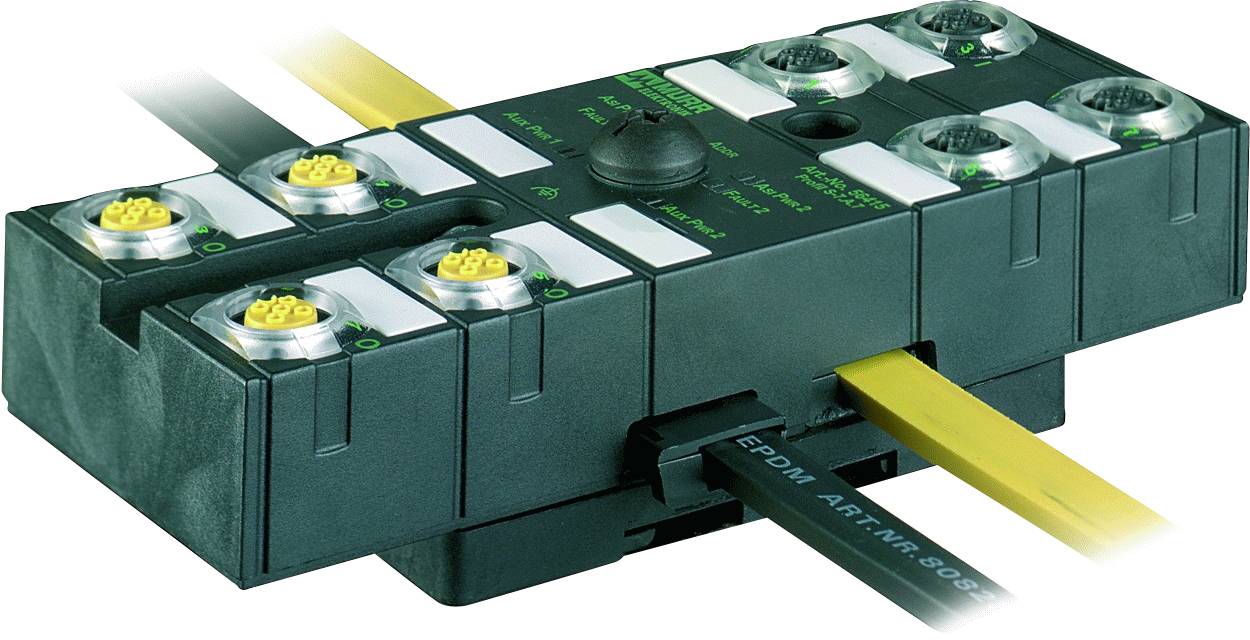 An industrial distribution block with multiple connections and cables. Used for electrical distribution in automated systems.