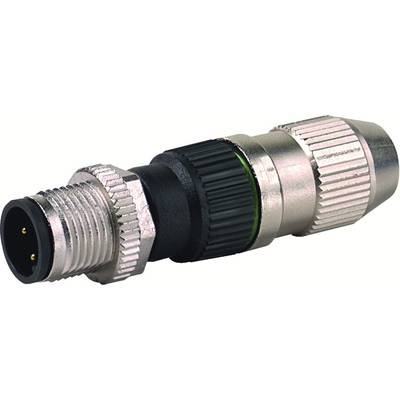 A silver industrial connector with a black, ribbed handle and metallic screw caps at both ends.