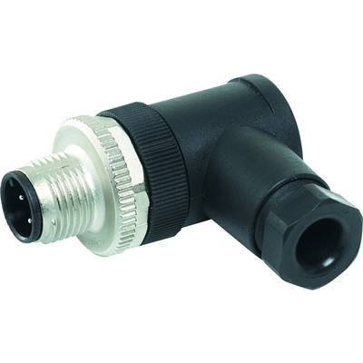 Black, angled electrical M12 plug with metal locking mechanism and plastic casing, suitable for industrial applications.