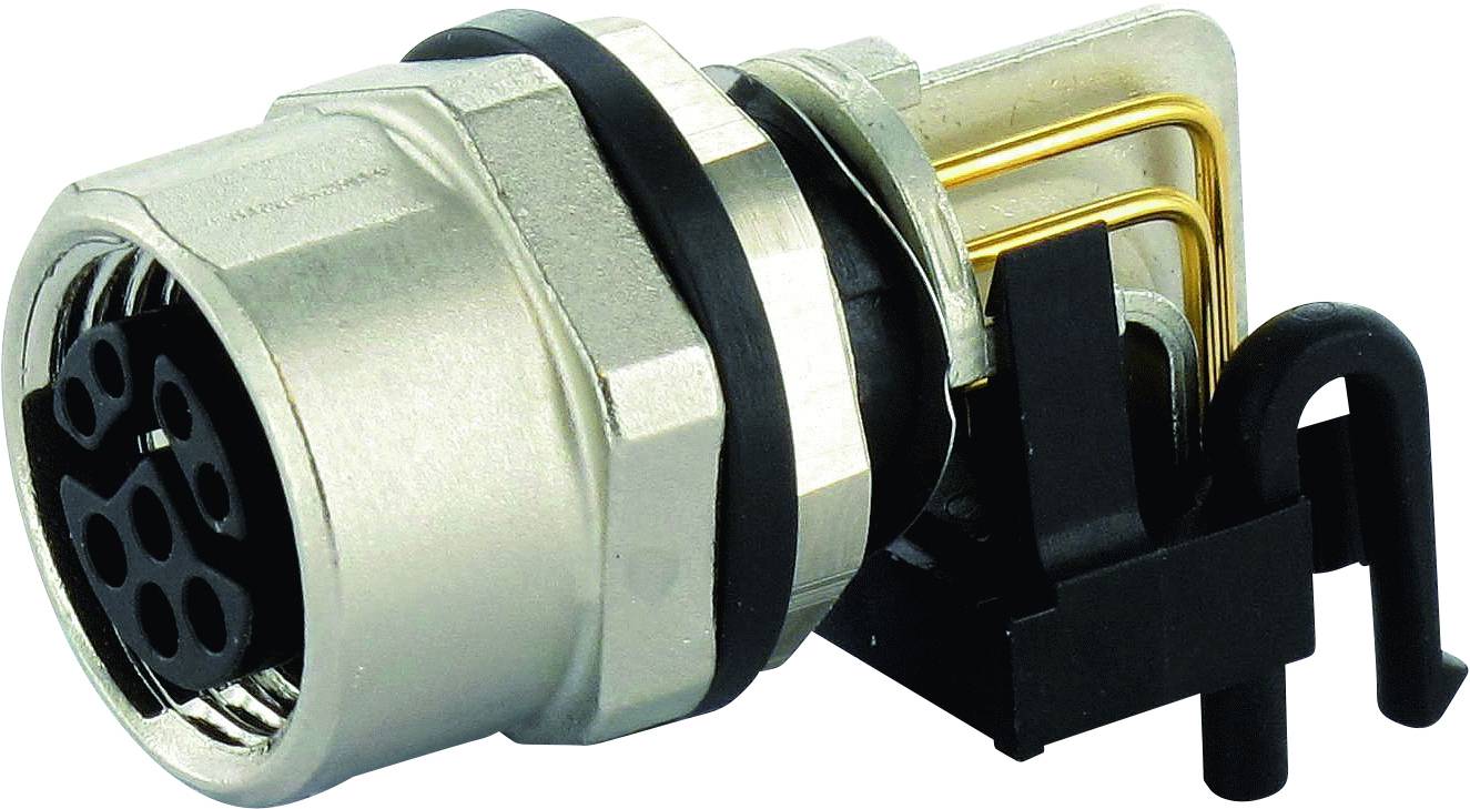 A metallic 5-pin connector with a black plastic component and gold contacts, suitable for electrical connections.