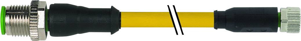 Industrial electrical cable with a yellow central section and black connectors at both ends; used for connecting electronic devices.