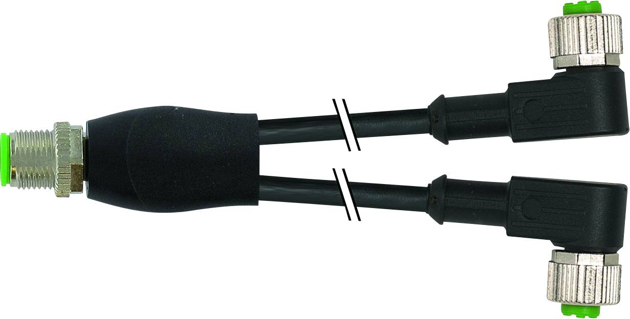 Double-core split cable with green-marked connectors at each end, suitable for industrial applications.