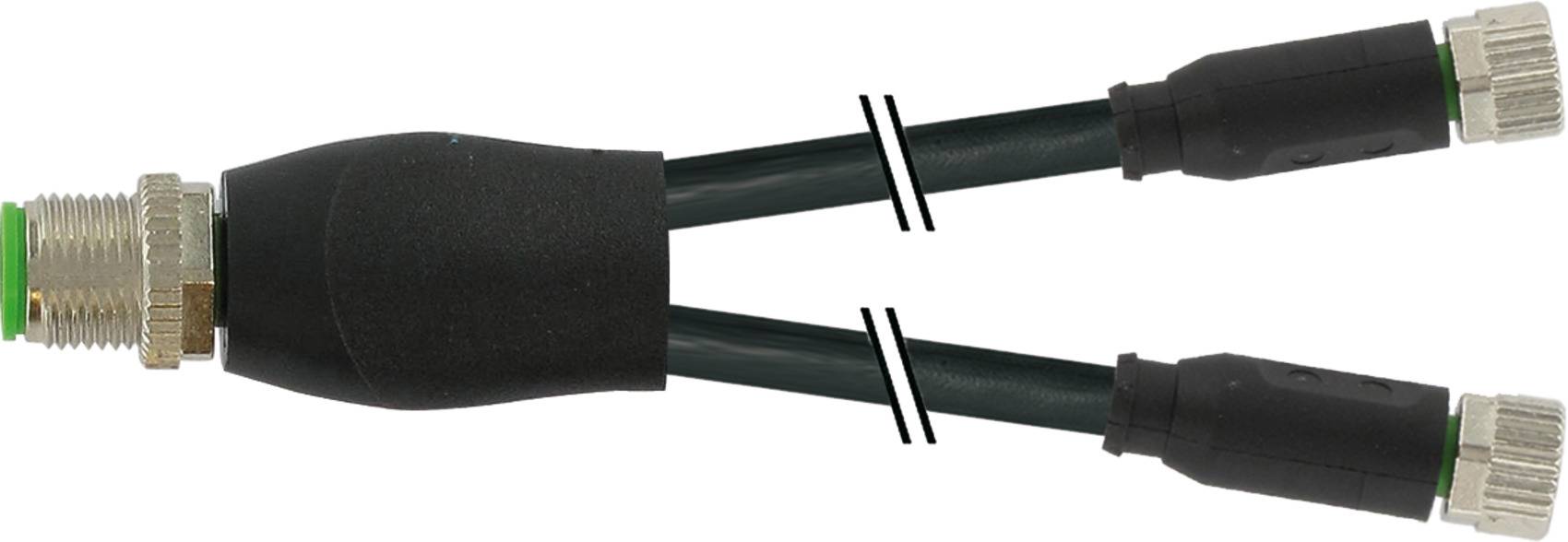 A black Y-shaped cable with metal connectors; a single thicker connector splits into two narrower ones.