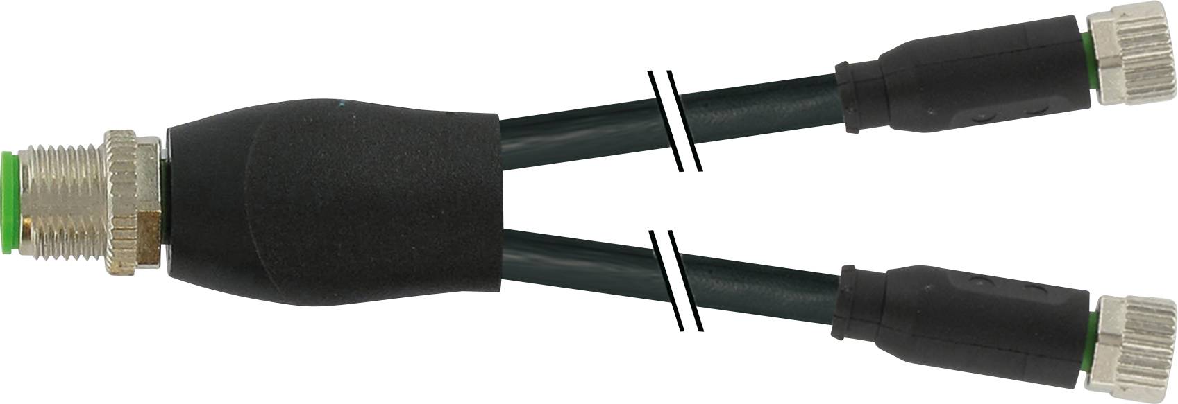 A Y-connection cable with a male connector on the left side and two female connectors on the right, black cable.