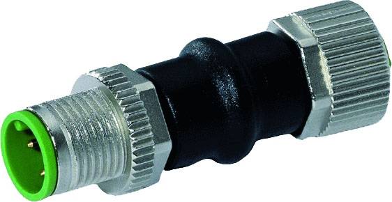 A black and silver metal plug with a green end and multiple pins, used for electronic connections.