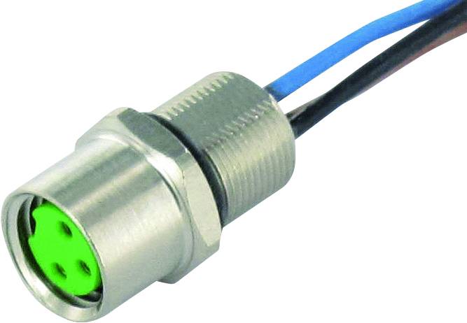 Metal plug with three pins, connected to blue and black cables. The plug has a green inner housing.