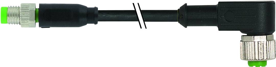 'Black, shielded signal cable with right-angled connectors, green end pieces indicating connection points.'