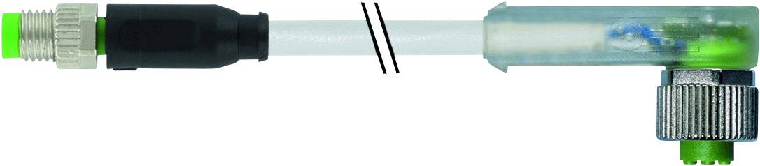 A green cable connector with a transparent protective housing, showing parts of a blue and green mechanism, is pictured.