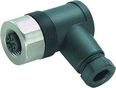 A black L-shaped pneumatic plug with a metallic connection, possibly for industrial applications.