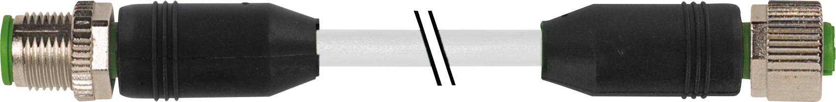 Two black connectors in a cable, connected by a white wire, with green rings at their ends.
