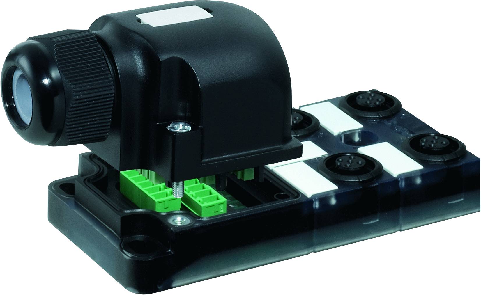 A black, rectangular camera or sensor housing with multiple green connectors on the underside, mounted on a mounting rail.
