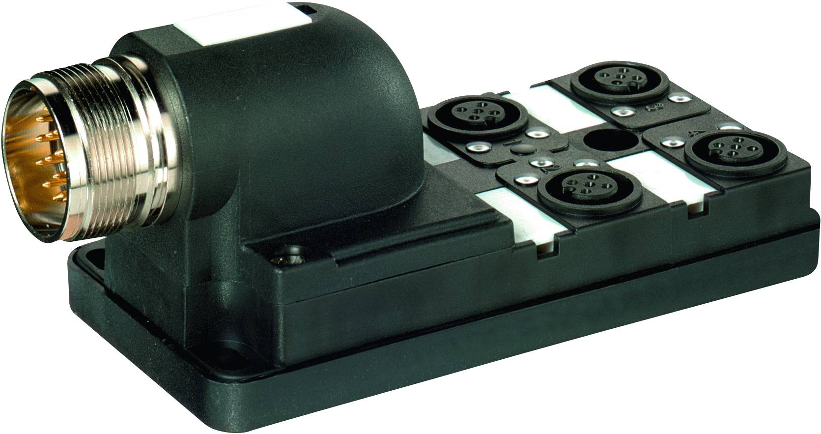 A rectangular, black connector with multiple round socket ports and a metal plug on the side.