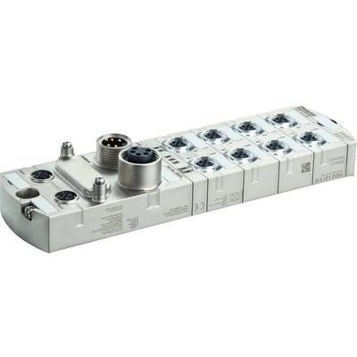 Metallic fieldbus module with multiple connections, including two larger circular connections at the top edge and several smaller plug connectors.