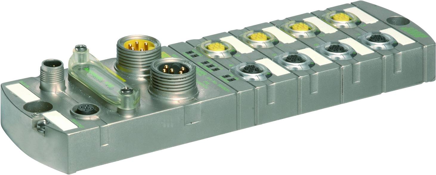 Electronic module with multiple round connectors and yellow markings. Suitable for industrial connection technology.