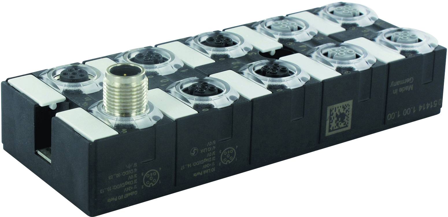 'Black electric junction block with multiple round plugs and metal connection on the top surface.'