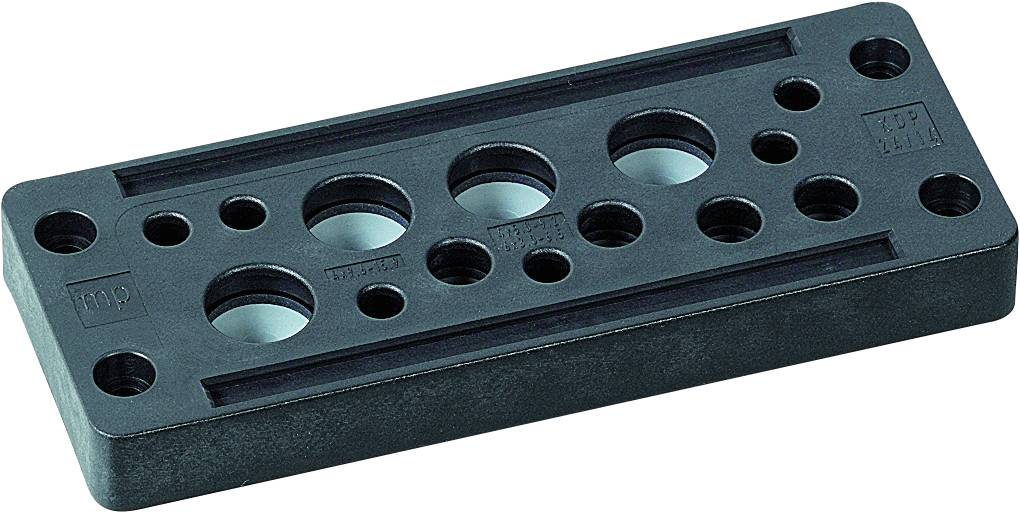 Rectangular black metal plate with multiple round openings of varying sizes, likely used as a mounting or fixing element.