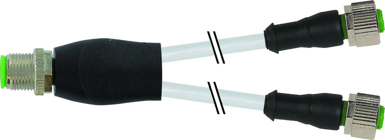 Cable adaptor with one male and two female connectors, connected within a black housing.